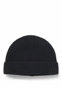 Zwarte gebreide beanie met een geribbelde textuur, voorzien van een omgeslagen rand en een naadloze bovenkant. Gemaakt van zacht, warm materiaal voor optimaal comfort.