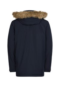 Veste bleu marine avec capuche en fourrure, présentant une texture lisse, des manches longues et une coupe droite. La vue de dos ne montre aucun détail supplémentaire.