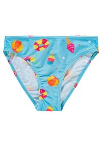 Slip da bagno blu con motivi colorati di coni gelato, palloni da spiaggia e salvagenti, realizzati in materiale morbido e elastico.