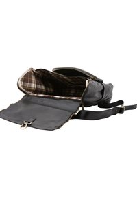 Borsa a tracolla in pelle nera con apertura con zip, dotata di una fodera interna a quadri e di una tracolla regolabile per un facile trasporto.