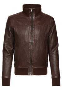 Pruun nahast jope, millel on tõmblukuga esikülg, ribidega krae ja mansetid. Omab paneelõmblusi ja kahte küljetaskut. Sile tekstuur.