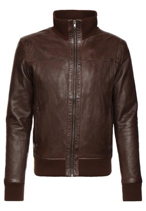 Brązowa skórzana kurtka z zamkiem błyskawicznym z przodu, żebrowanym kołnierzem i mankietami. Posiada przeszycia oraz dwie boczne kieszenie. Gładka tekstura.
