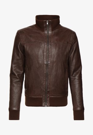 Bruine leren jas met een ritssluiting aan de voorkant, geribbelde kraag en manchetten. Kenmerkt zich door panelen stiksels en twee zijzakken. Glad textuur.