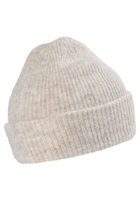 Căciulă tricotată, texturată, de culoare bej deschis, cu tiv răsturnat. Materialul are un aspect moale și un model subtil de nervuri, potrivit pentru purtarea iarna.