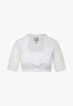 Bílé zkrácené tričko s krátkými vyšívanými krajkovými rukávy, kulatým výstřihem a středovým zapínáním na knoflík. Na spodním lemu je nařasené pro přiléhavý vzhled.