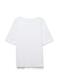 T-shirt bianco a maniche corte realizzato in tessuto morbido, con ampio scollo e maniche arrotolate. Design semplice e pulito senza motivi.