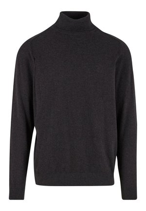 Maglione a maniche lunghe grigio scuro a dolcevita con colletto, polsini e orlo a coste, esposto su uno sfondo bianco.