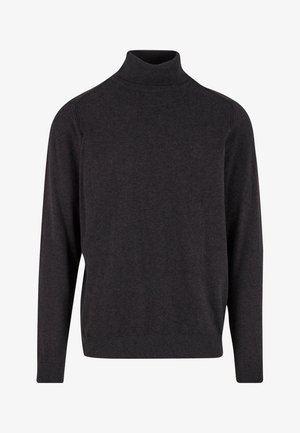 Maglione a maniche lunghe grigio scuro a dolcevita con colletto, polsini e orlo a coste, esposto su uno sfondo bianco.