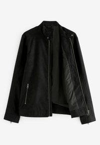 Black lightweight jacket featuring a smooth fabric texture, stand collar, front zipper, and two zipped side pockets. Fully lined interior.