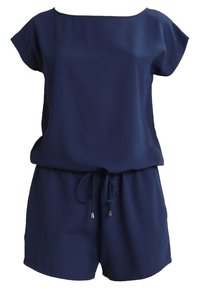 Combinaison bleu marine à manches courtes, décolleté bateau, taille élastique avec cordon de serrage et accents métalliques argentés aux extrémités du cordon.