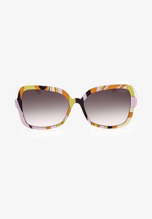 Gafas de sol con un marco rectangular ancho que presenta un patrón multicolor en púrpura, naranja y amarillo. Lentes con tinte en degradado.