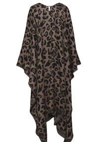 Brun poncho med svart leopardmönster, med en lös och flödande design samt fransad nederkant. Tillverkad av mjukt tyg med en slät yta.