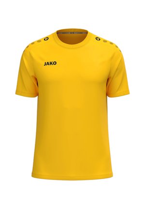 Geel sportshirt met korte mouwen met zwart JAKO-logo op de borst en patroon van cirkels op de schouders.