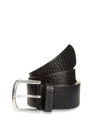 Black leather belt with a textured surface, silver metal buckle, and a slightly curved shape. Features a horizontal ribbed pattern.
