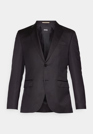 Schwarze maßgeschneiderte Anzugjacke mit einem einzigen Knopfverschluss, Reverskragen, zwei vorderen Taschen und einer glatten Textur. Gefüttertes Innenfutter mit Markenlabel.