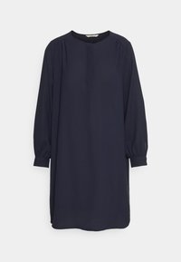Robe bleu marine à manches longues avec encolure ronde, poignets boutonnés et légères fronces aux épaules et aux manches.