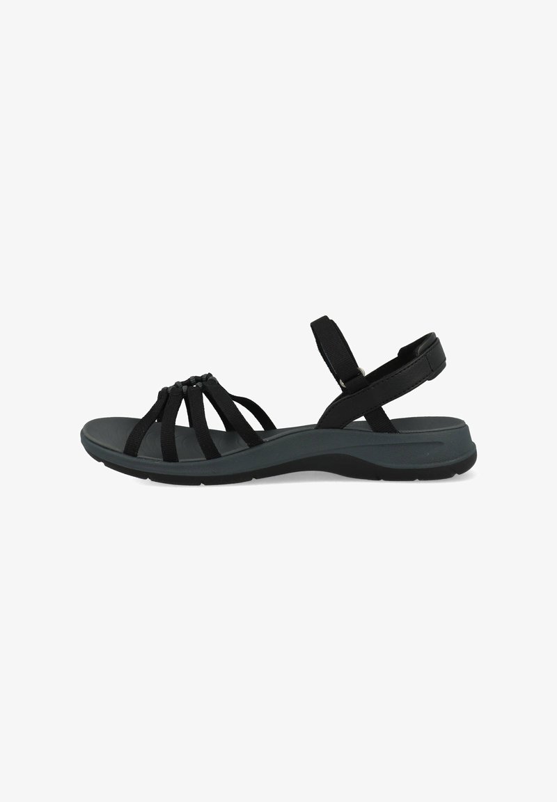 Svarta sandaler med elastiska remmar och en låg grå sula. Har justerbar hälrem och texturerad ovandel för grepp.