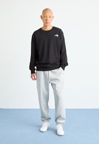Jaunas vyras stovi ant mėlyno grindų su juodu The North Face džemperiu, šviesiai pilkais treningais ir baltais sportbačiais prieš baltą foną.
