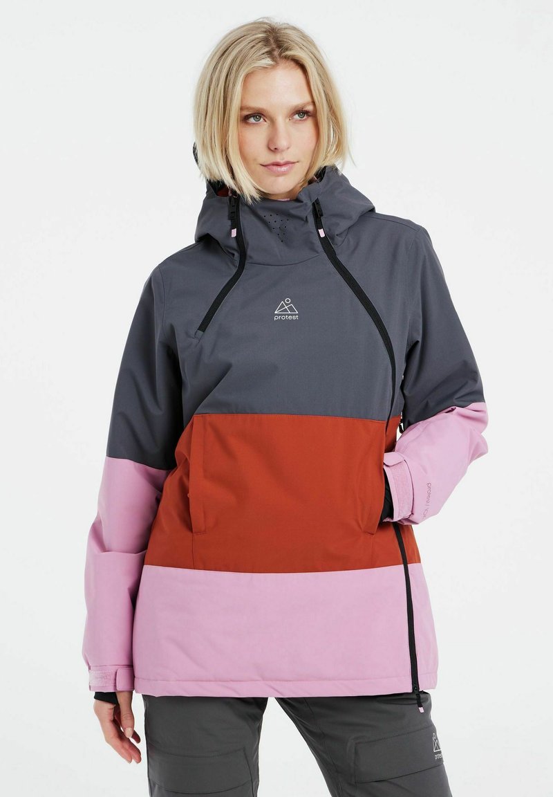 Puffer bunda v šedých, ružových a červených farebných blokoch. Má kapucňu, zips vpredu a logo na hrudi. Vyrobená z vodoodolného materiálu.