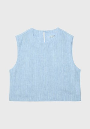 Ärmelloses hellblaues Leinenoberteil mit dezenten vertikalen Streifen und kleinem Schlüsselloch-Knopfverschluss am hinteren Halsausschnitt.