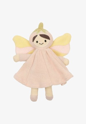Soft fabric fairy doll with a pink dress, yellow wings, and beige hands. Features embroidered face and detailed hair.