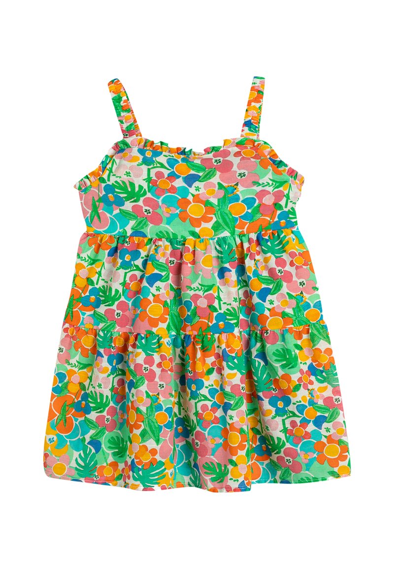 Blumenkleid für Kleinkinder mit Trägern, in leuchtenden Farben wie Pink, Grün und Orange im schichtigen Design mit Blatt- und Blumenmustern.