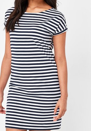 Gestreepte jurk in marineblauw en wit katoen. Korte mouwen, ronde halslijn, nauwsluitend ontwerp, gladde textuur, eindigend boven de knie.