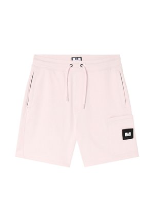 Hellrosa lässige Shorts mit Kordelzug an der Taille, Seitentaschen und einer aufgesetzten Tasche mit schwarzem Etikett am rechten Bein.
