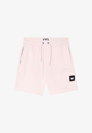 Hellrosa lässige Shorts mit Kordelzug an der Taille, Seitentaschen und einer aufgesetzten Tasche mit schwarzem Etikett am rechten Bein.