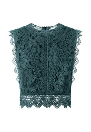 Kanten crop top in donker teal, met bloempatronen, geschulpte randen en een hoge halslijn met een ritssluiting aan de achterkant.