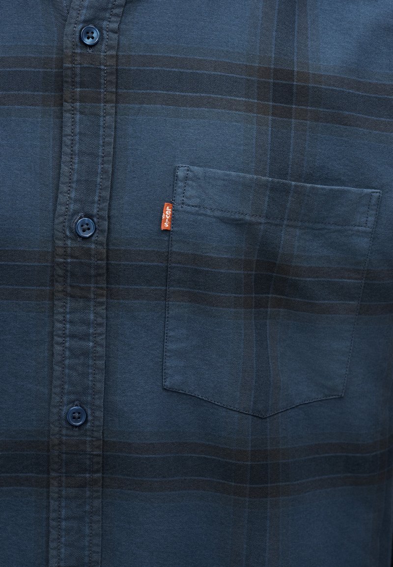 Chemise à carreaux bleu foncé avec poche avant et étiquette Levi's visible sur le côté de la poche, fermeture boutonnée à l'avant avec des boutons bleus.