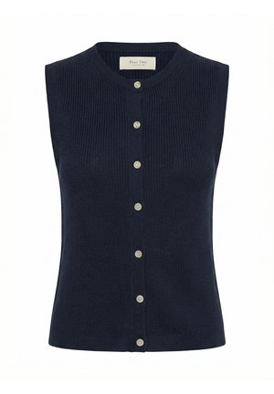 Cardigan sin mangas azul marino de punto con cuello redondo y siete botones blancos en la parte delantera.