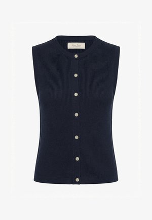 Cardigan sin mangas azul marino de punto con cuello redondo y siete botones blancos en la parte delantera.