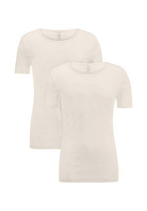 Zwei schlichte hellbeige Unisex-T-Shirts mit kurzen Ärmeln und Rundhalsausschnitt auf weißem Hintergrund.