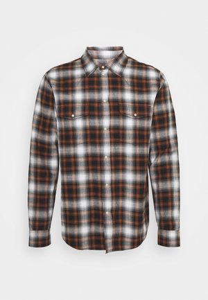 Karierte Hemd in Orange, Schwarz und Weiß; Button-Down-Kragen; lange Ärmel; zwei Brusttaschen; aus Baumwolle; normale Passform.