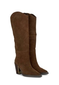 Braune Wildleder-Kniehohe Stiefel mit einer spitzen Zehe und einem Blockabsatz, der eine metallische Akzentuierung auf dem Absatz aufweist. Glatte Textur und minimale Details.
