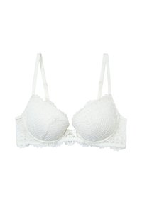Soutien-gorge en dentelle blanche avec bretelles réglables, armatures, bonnets rembourrés et un petit nœud décoratif au centre devant.