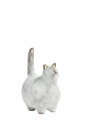Hvid keramisk kattefigur med hævet hale og minimale ansigtstræk, med brune accenter på ører, hale og næse.