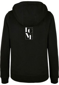 Black hoodie with a soft texture, featuring a prominent white graphic on the back that includes the word "LOVE" in various fonts and styles.