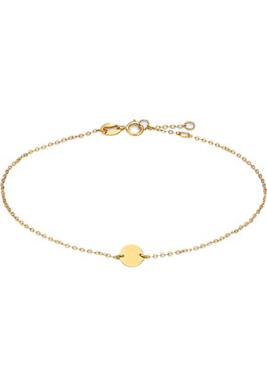 Goldene Kettenarmband mit einem runden Anhänger, versehen mit einem feinen Glieddesign, einem Karabinerverschluss und einer polierten Oberfläche.