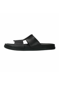 Black slide sandals made of synthetic material, featuring two wide straps and a low profile rubber sole with a smooth texture.