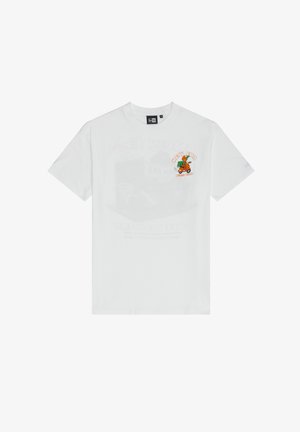 Biała bawełniana koszulka z graficznym nadrukiem w kolorze pomarańczowym i zielonym, przedstawiająca postać z kreskówki oraz napis "NOWY FRA PIZZA CLUB."