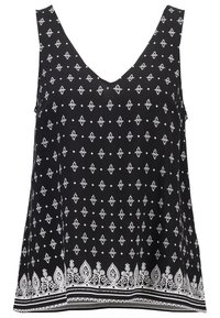 Top senza maniche nero con scollatura a V profonda, caratterizzato da un motivo a rombi bianchi e dettagli floreali lungo l'orlo.