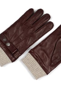 Ruske nahkatoimija hanskat, joissa on ribbad beige-koon hihansuut, joissa on napsautusnappi ja solkilukitus tiiviin istuvuuden takaamiseksi. Klassinen neljän sormen muotoilu.