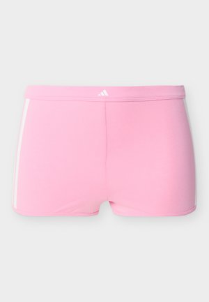 Αθλητικό μαγιό σε ανοιχτό ροζ χρώμα με λευκό λογότυπο Adidas στη ζώνη μέσης και δύο λευκές κατακόρυφες ρίγες στα πλαϊνά.