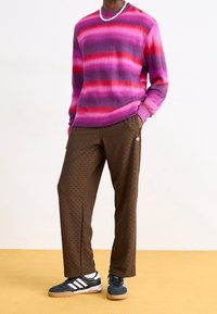 Randig stickad tröja i rosa och lila, brunmönstrade byxor och svarta sportskor med vita ränder. Enkel halsband som accent.