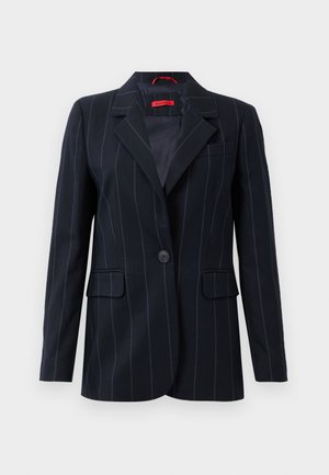 Navy pinstriped blazer with a single button, notch lapels, two front pockets, and a chest pocket. Made from a smooth fabric. Red label inside.