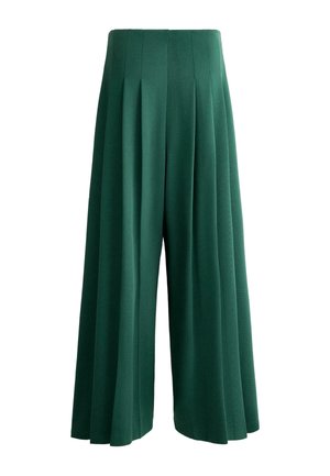 Hlače širokih nog z visokim pasom v temno zeleni barvi, s prišitimi gubami in gladkim pasom, oblikovane za tekoč in sproščen izgled.