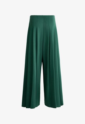 High-waisted wide-leg pants in dark green with stitched pleats and a smooth waistband, designed for a flowing, relaxed fit.