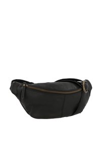 Marsupio in pelle nera con design curvo, dotato di una cerniera dorata e un accento metallico circolare. Texture morbida, dimensioni compatte.